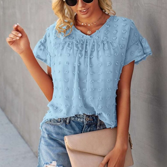 Bellanblue Tops - boho vneck swiss dot short sleeve top BABY blue